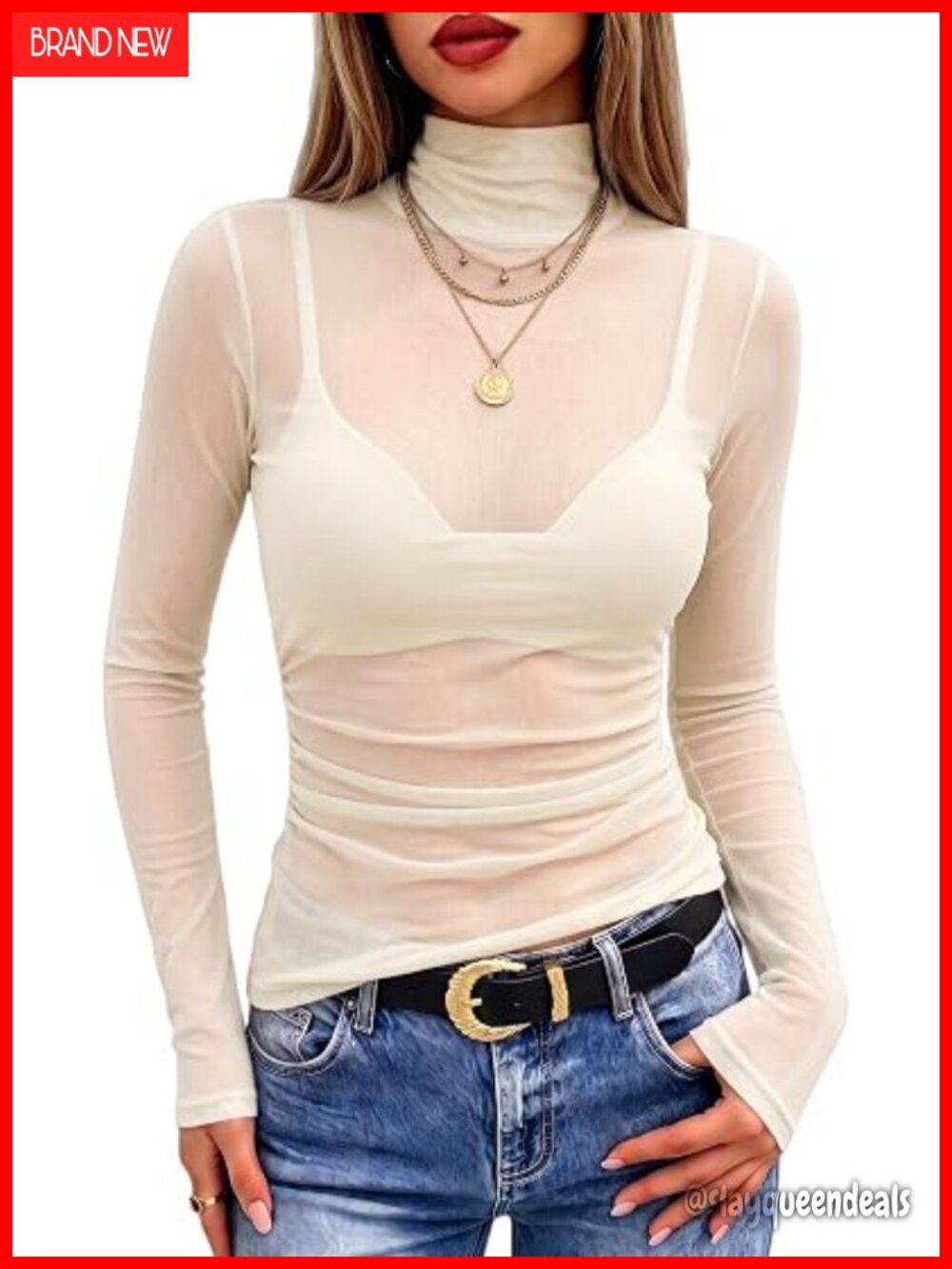 Ruched Mesh Top Sheer Long Sleeve Mock Neck See Through Shirt Concert Outfit